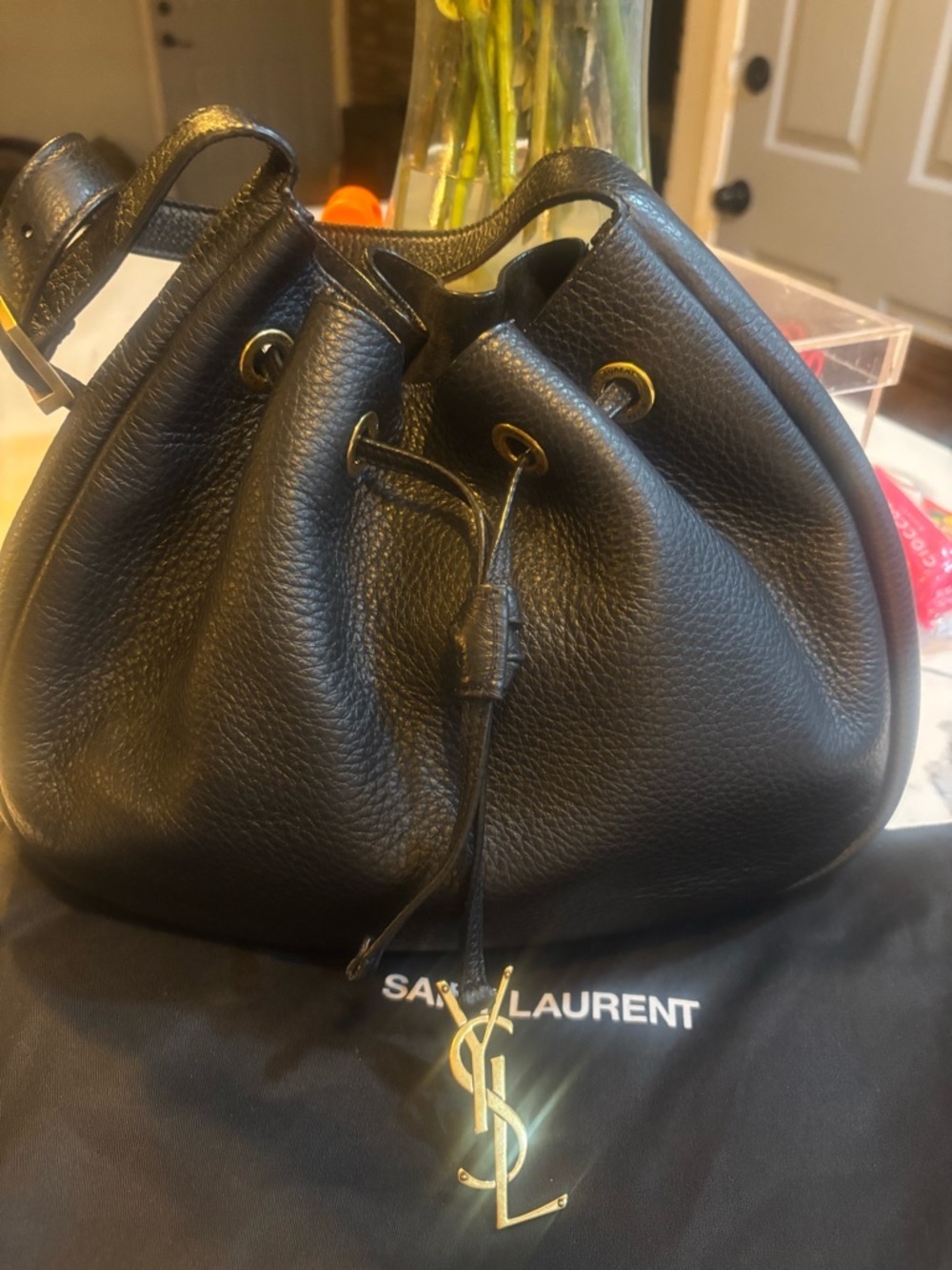 Saint Laurent Black Pebbled Leather Drawstring Shoulder Bag with Gold Logo